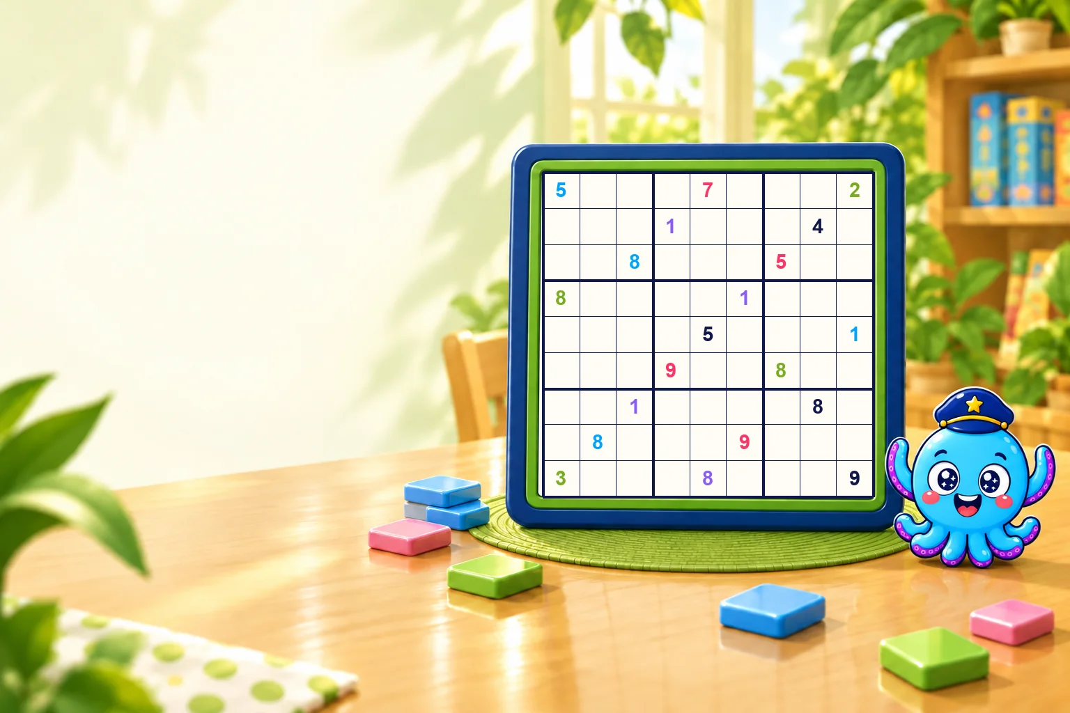 SudoKru : Kru, le capitaine pieuvre, à côté d'une grille de sudoku en direct