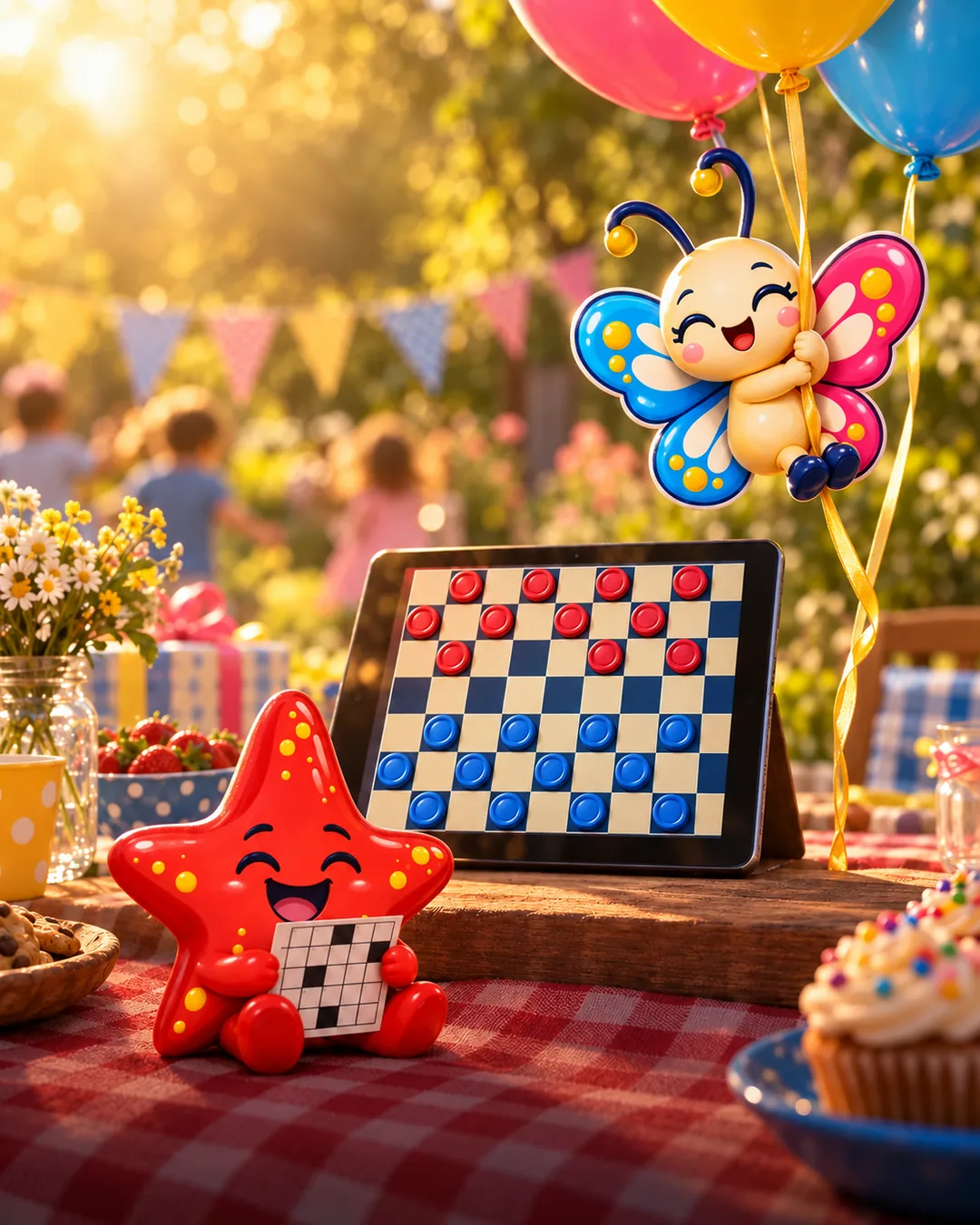 A golden-hour backyard picnic with a checkers board on a tablet, Dame the butterfly riding a balloon string and Star the starfish on the tablecloth