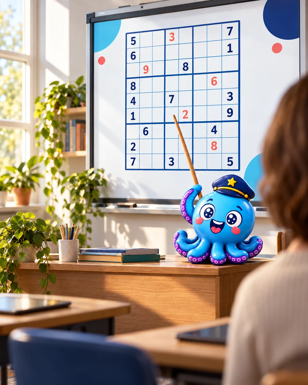 A sunlit classroom with a sudoku grid on the whiteboard and Kru the octopus on the teacher's desk, pointing at the board