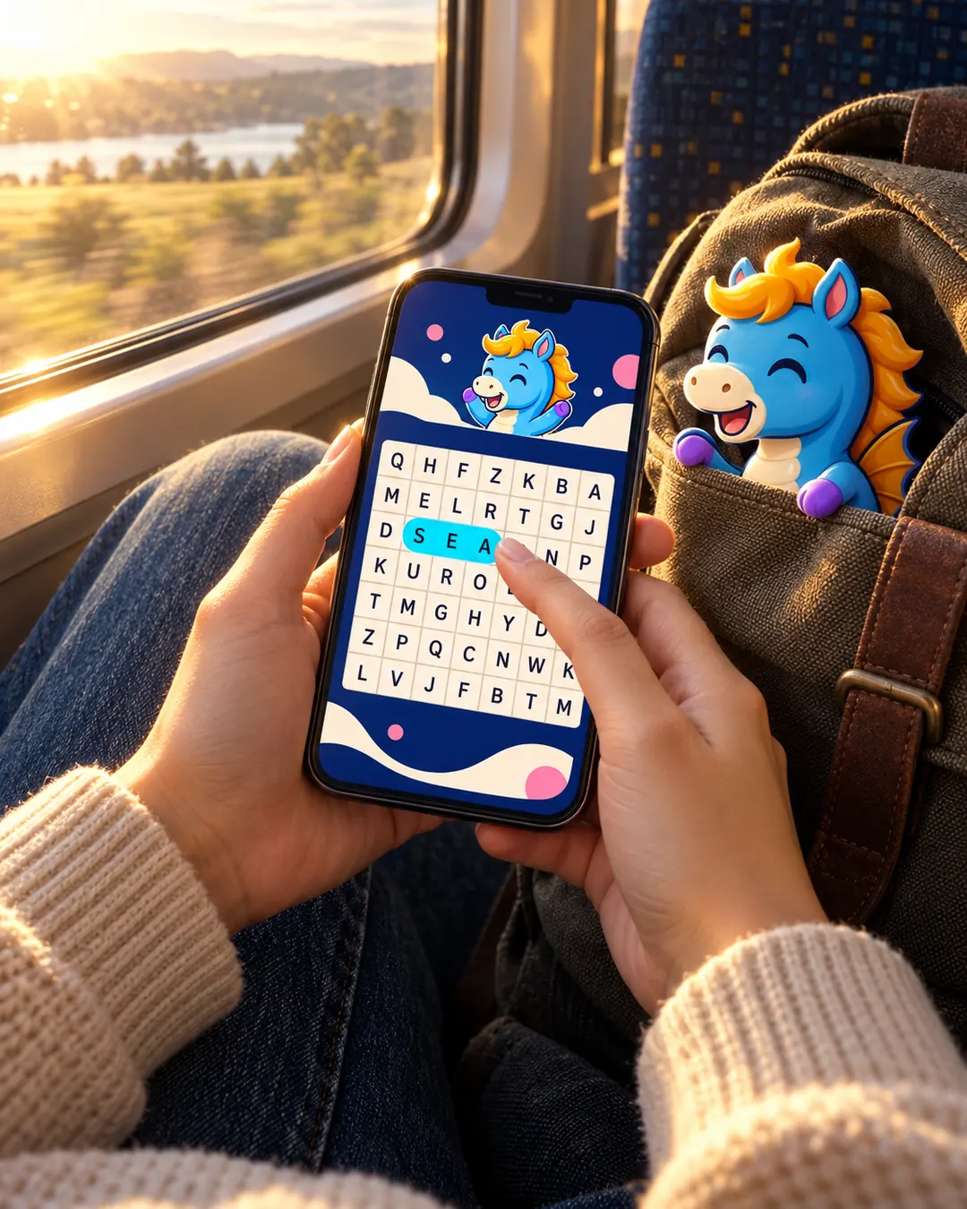 Hands holding a phone on a sunny train, a word traced across the SonarKru grid, Lex the hippocamp peeking out of a bag