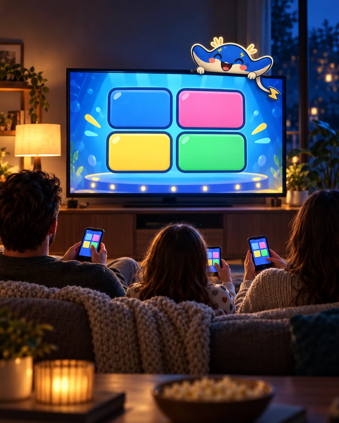 A family on the sofa after dark, phones in hand, the Buzzer answer tiles on the TV and Volt the electric ray perched on top of the screen