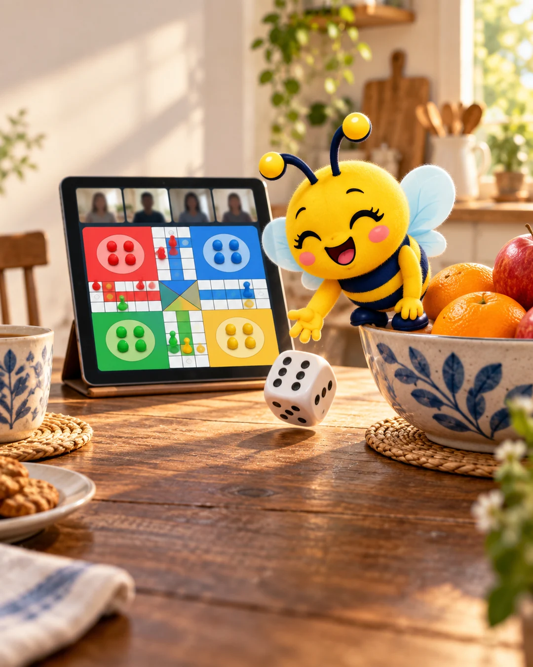 A kitchen table with a Ludo board on a tablet and video-call tiles along its top, Bibi the bee rolling a die from the fruit bowl
