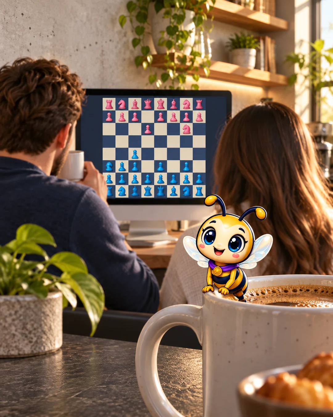 Two colleagues at the office coffee machine watching a chess board on the monitor, Gen the wasp perched on the rim of a mug