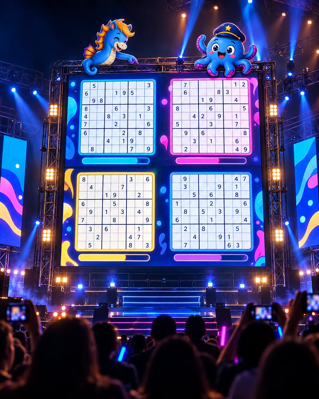 A tournament stage at night with four live sudoku boards on the LED wall, Lex the hippocamp and Kru the octopus perched on its frame