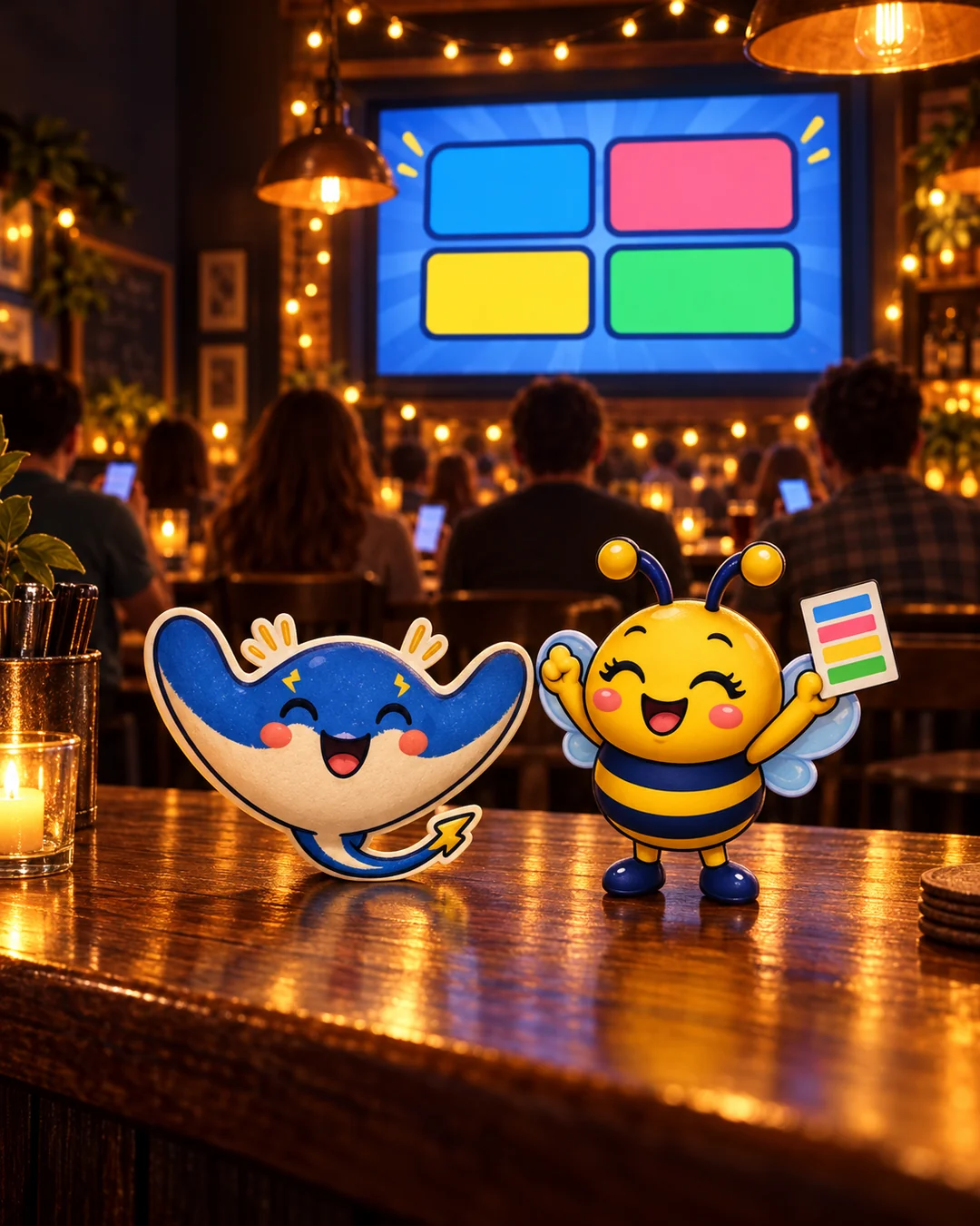 A pub trivia night with the quiz on the big screen, Volt the electric ray and Bibi the bee keeping score on the bar